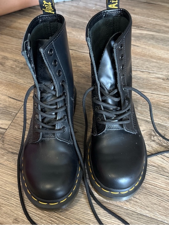 Dr. Martens Shoes - Dr. Martens Black Leather Lace-Up Boots with Yellow Stitching